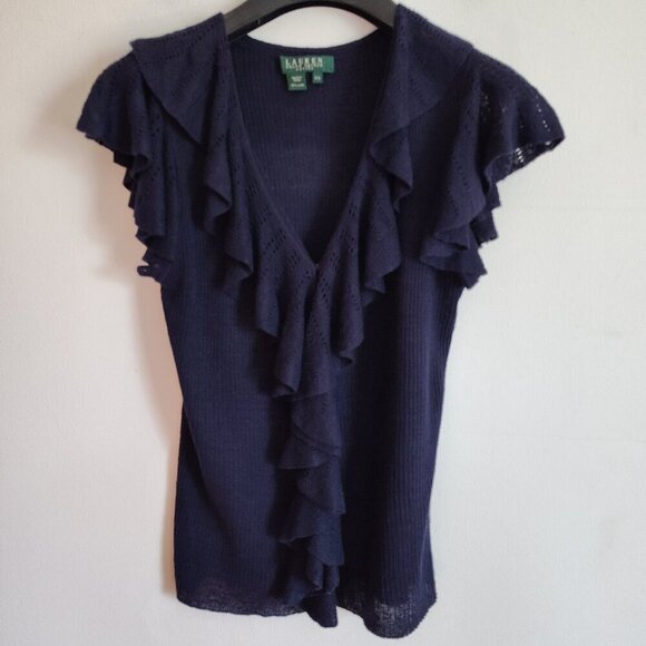 Ladies Petite SZ PS Lauren Ralph Lauren Navy Blue Flutter-Sleeve Sweater - Picture 1 of 4